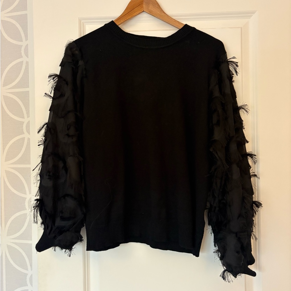 Feather-Trim Black Crewneck Sweater - Women's Elegant Pullover